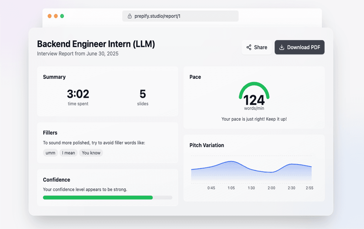 Mobile view of Prepify dashboard showing AI-generated interview feedback and progress tracking for the user