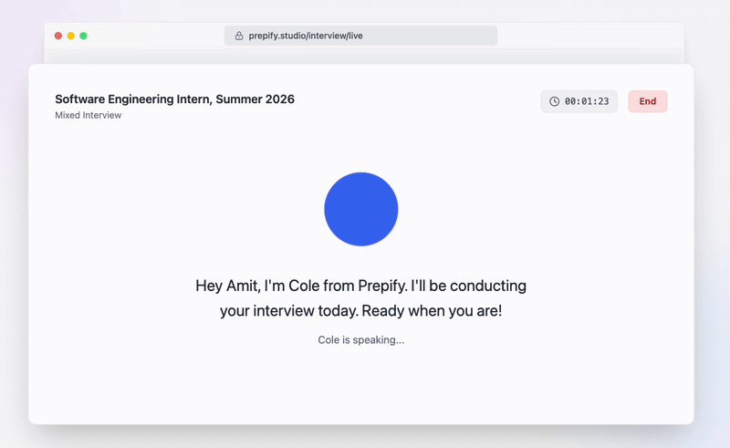 Mobile view of User practicing a realistic voice interview with Prepify AI, answering questions in a natural conversation style